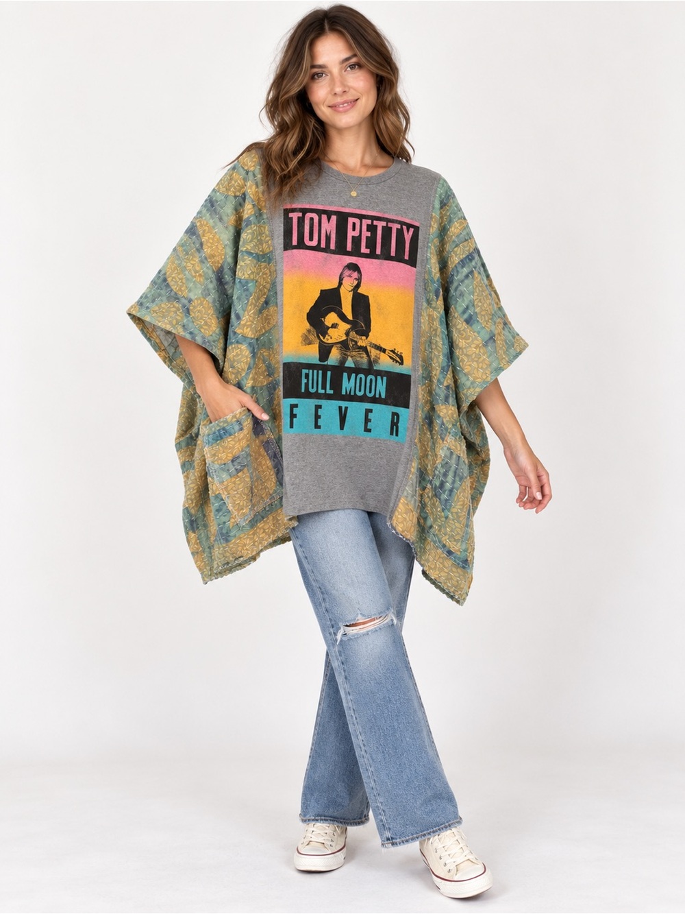 Tom Petty Full Moon Fever Upcycled Kantha Oversized Graphic Top